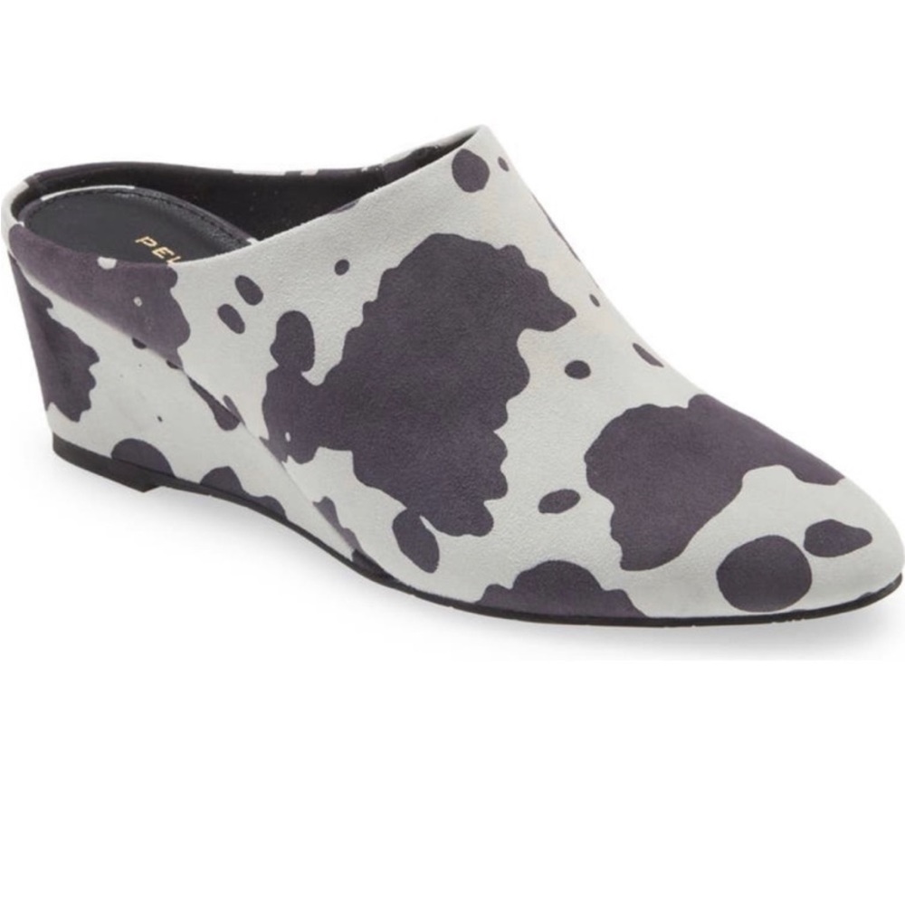 NWT Pelle Moda Kiko Wedge Mule. BLACK/WHITE COW KID SUEDE, Size 8.5 M.